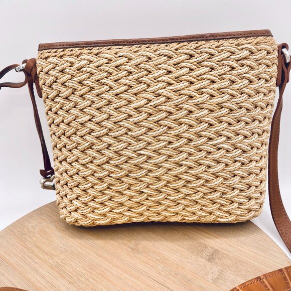 Brighton Crossbody Purse Womens M Tan Straw Leather Woven Messenger Boho - Picture 4 of 13